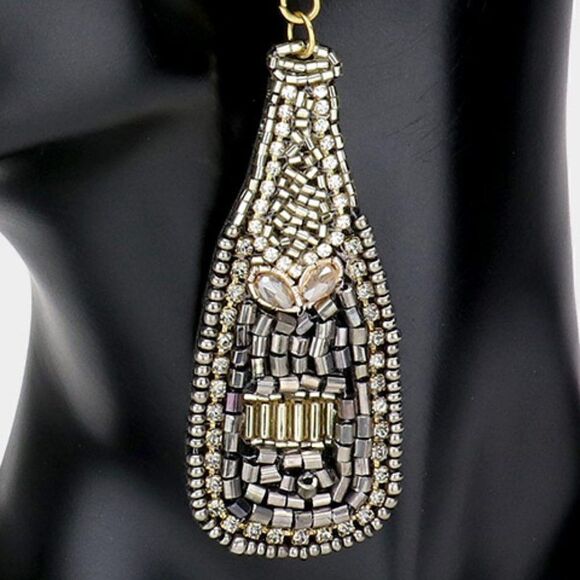 Champagne Bottle Hematite Seed Bead Earrings - Picture 3 of 6